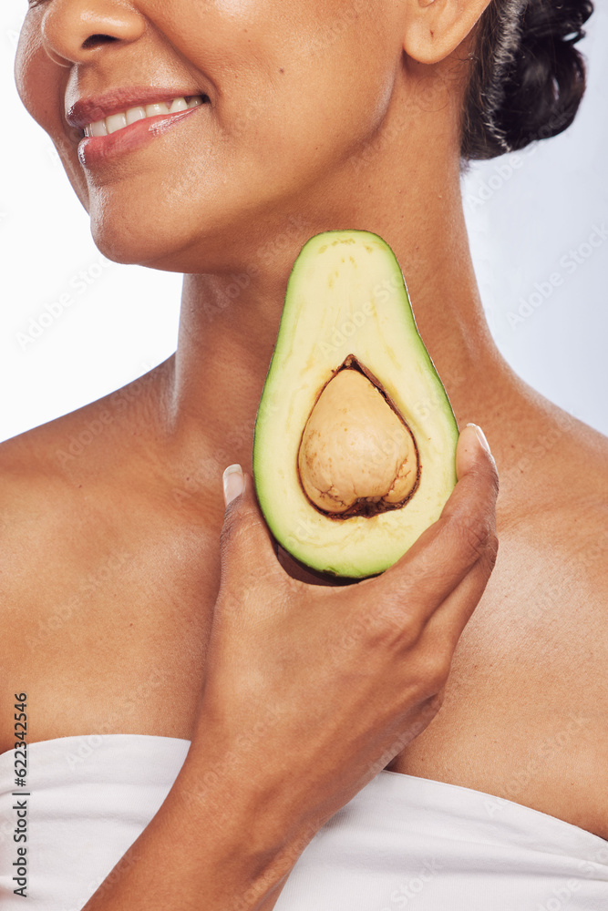 Avocado, skincare or happy woman with fruit for natural cleaning, detox or healthy skin with beauty.