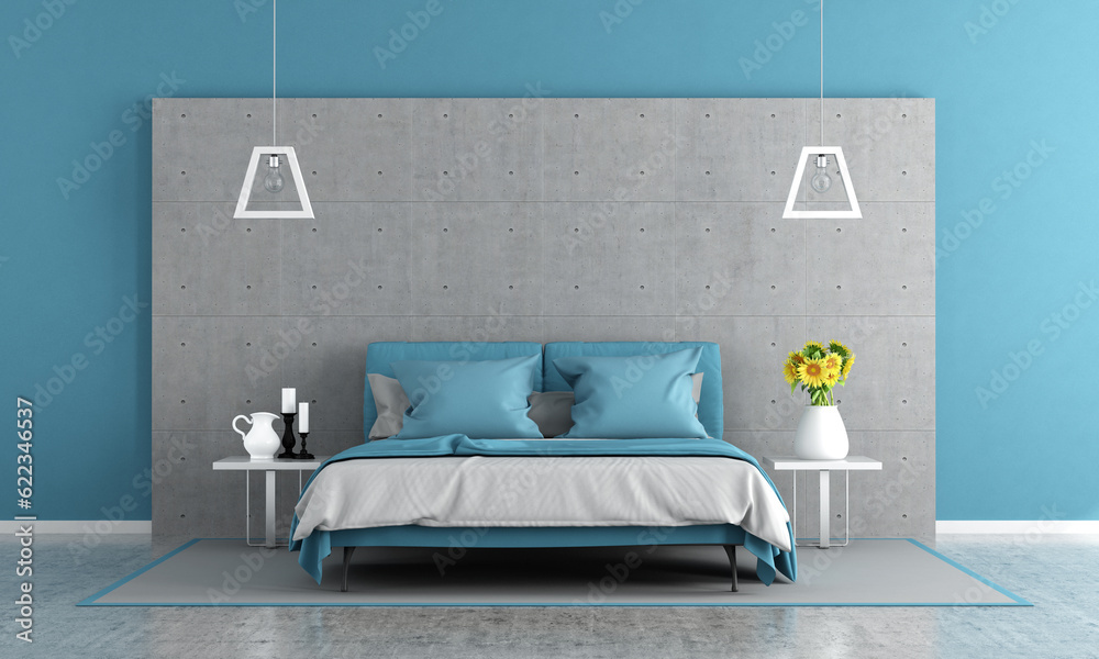 Contemporary master bedroom with double bed and concrete panel - 3d rendering