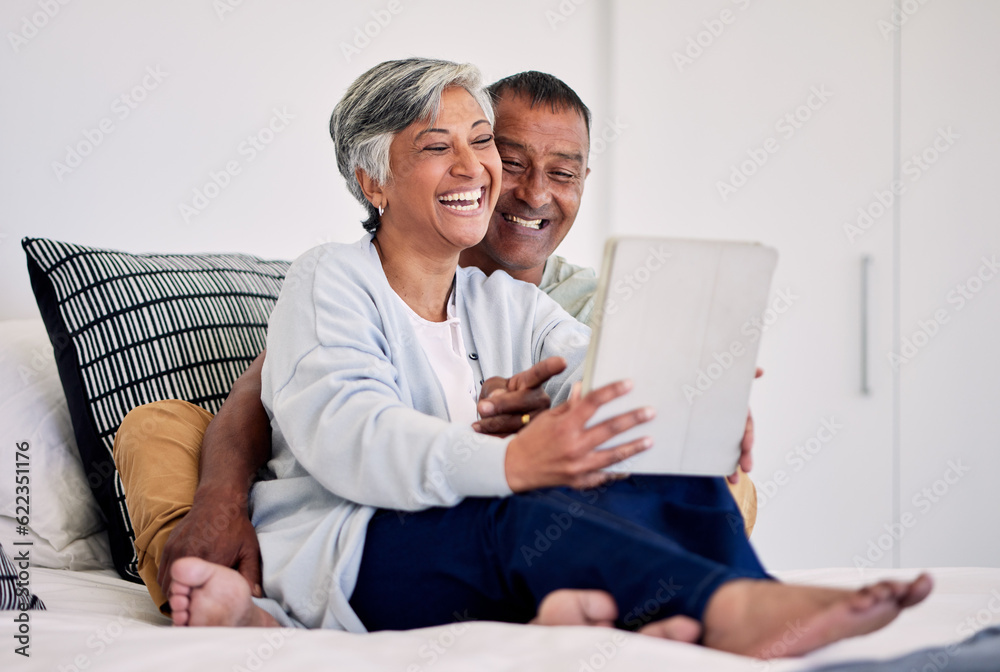 Happiness, bedroom tablet and elderly couple laughing at funny social media meme, comic or streaming