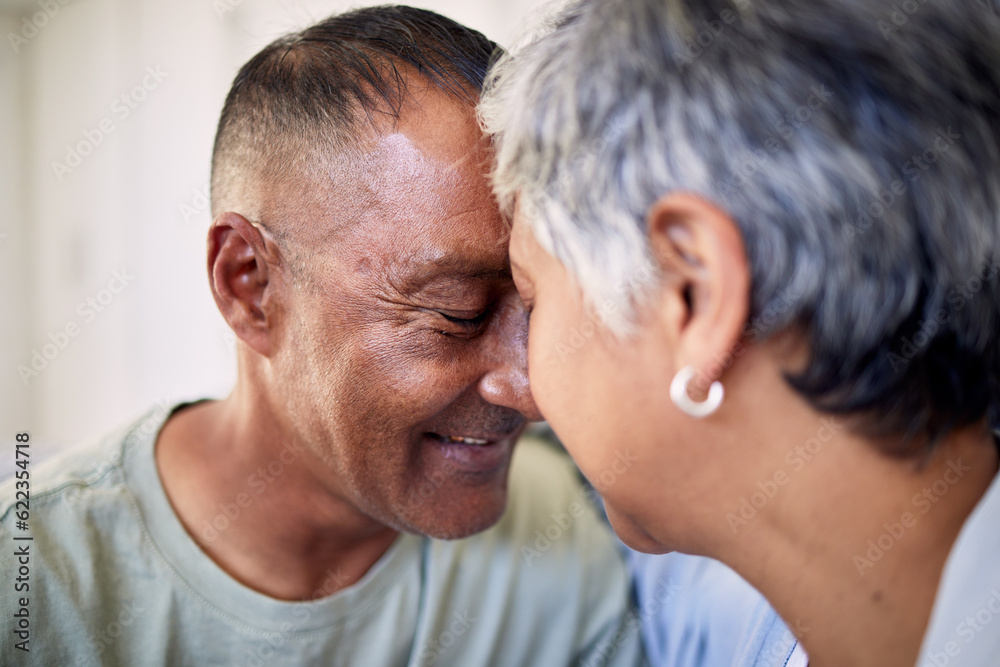 Closeup, forehead and senior couple with love, marriage and retirement with happiness, romance and c