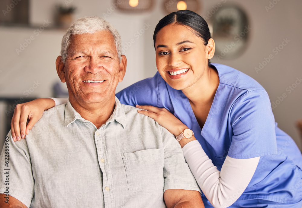 Happy woman, nurse and portrait of senior man with support, medical service and helping patient in r