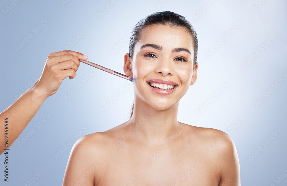 Beauty, cosmetic and portrait of woman with a makeup brush in studio for natural glamour facial rout