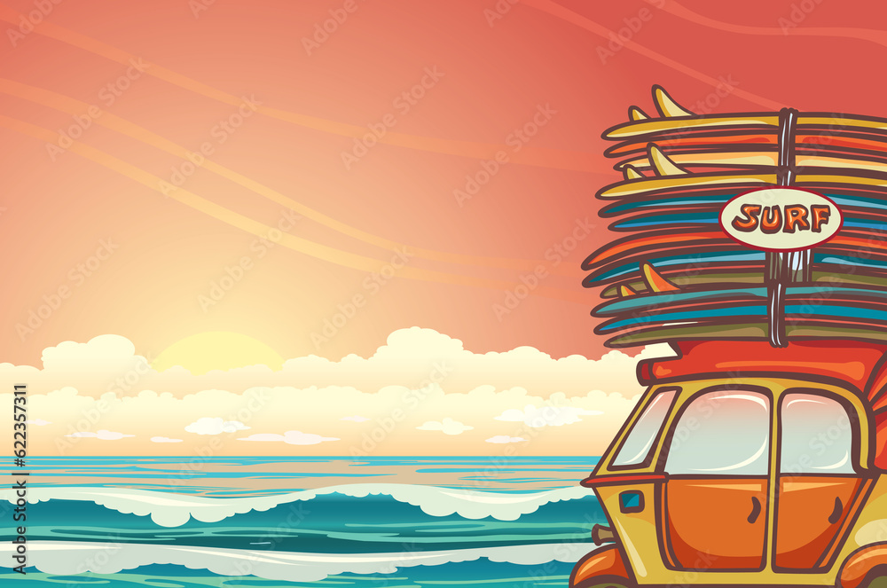 Cartoon auto rickshaw with surfboards on a sunset sky and blue ocean. Vector illustration about surf