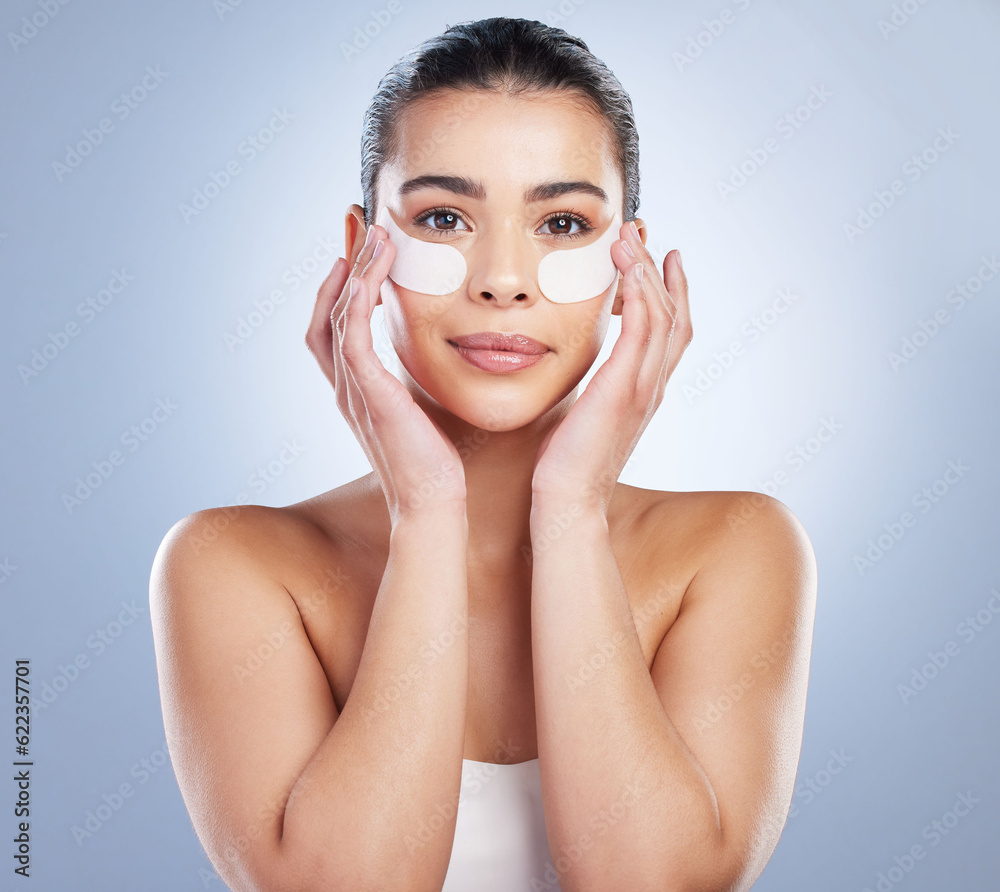 Skincare, eye mask and portrait of woman in studio for wellness, healthy skin and facial. Dermatolog