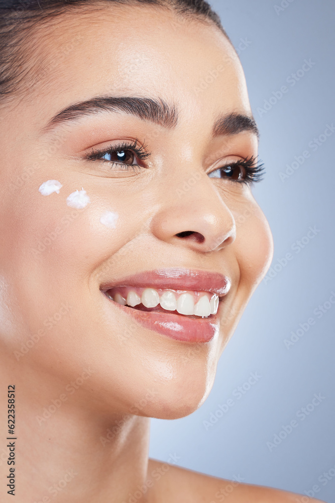 Skincare, beauty and happy woman with face cream application in studio for beauty, wellness or care 