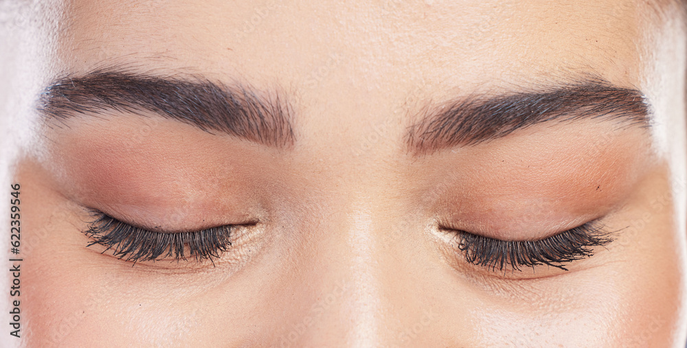 Eyeshadow, eyes closed and woman with mascara eyelash extension, makeup results or natural face cosm