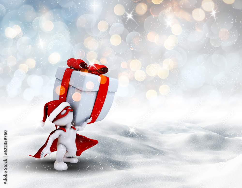 3D render of a superhero Christmas figure carrying gift through a snowy landscape