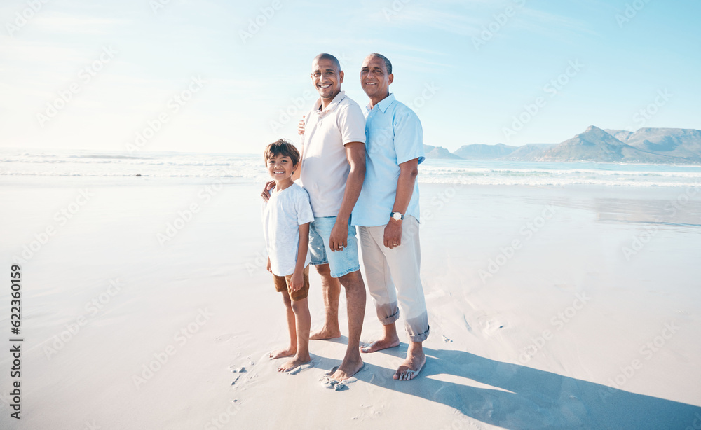 Happy, portrait and family at the beach with a child for walking, holiday or bonding in summer. Smil