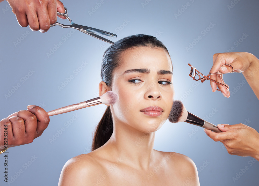 Brush, makeup and face of woman with doubt in studio for wellness, beauty and cosmetics on blue back