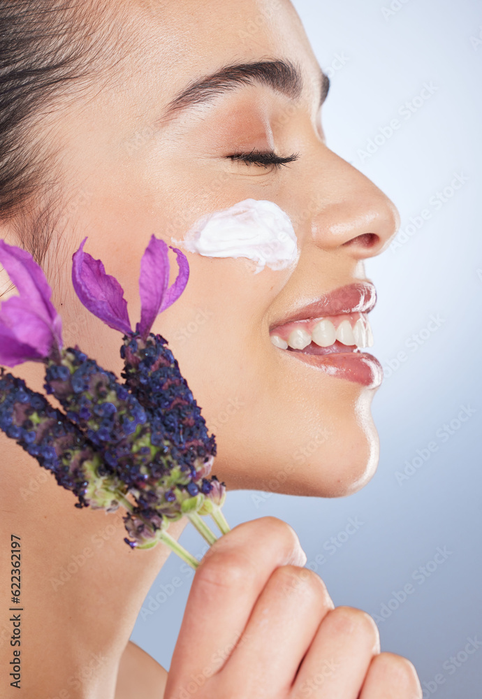 Woman, face with cream and skincare with flower, natural beauty product with lavender or facial cosm