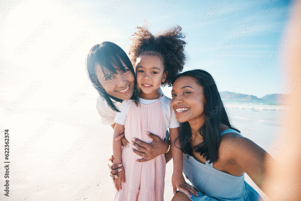 Selfie of mother, daughter and grandmother on the beach together during summer for vacation or bondi