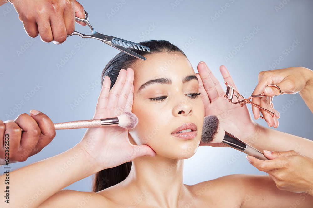 Salon, makeup and face of woman with brush in studio for wellness, beauty and cosmetics on blue back