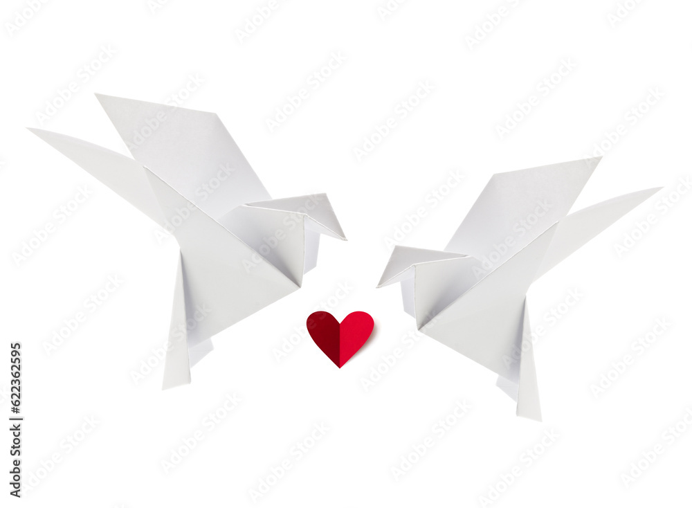 Couple white loving dove of origami with red heart, isolated background