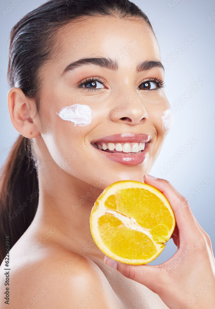 Lemon, skincare and woman portrait with face cream in studio for wellness or cosmetic mask on grey b