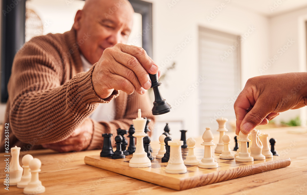 Senior man, home and chess for games, competition and focus with friends, strategy and problem solvi