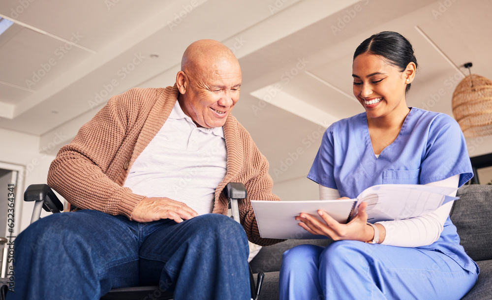 Old man, wheelchair or caregiver reading documents, history or healthcare documents at nursing home.