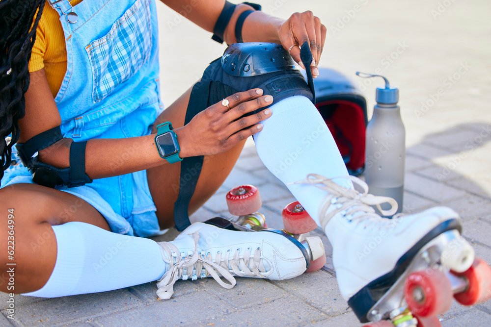 Sports, city and woman with pads for roller skating for fun activity, learning and training outdoors