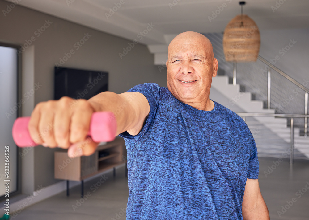 Dumbbell, hand or old man in home fitness workout for power, exercise or strong arms in retirement. 