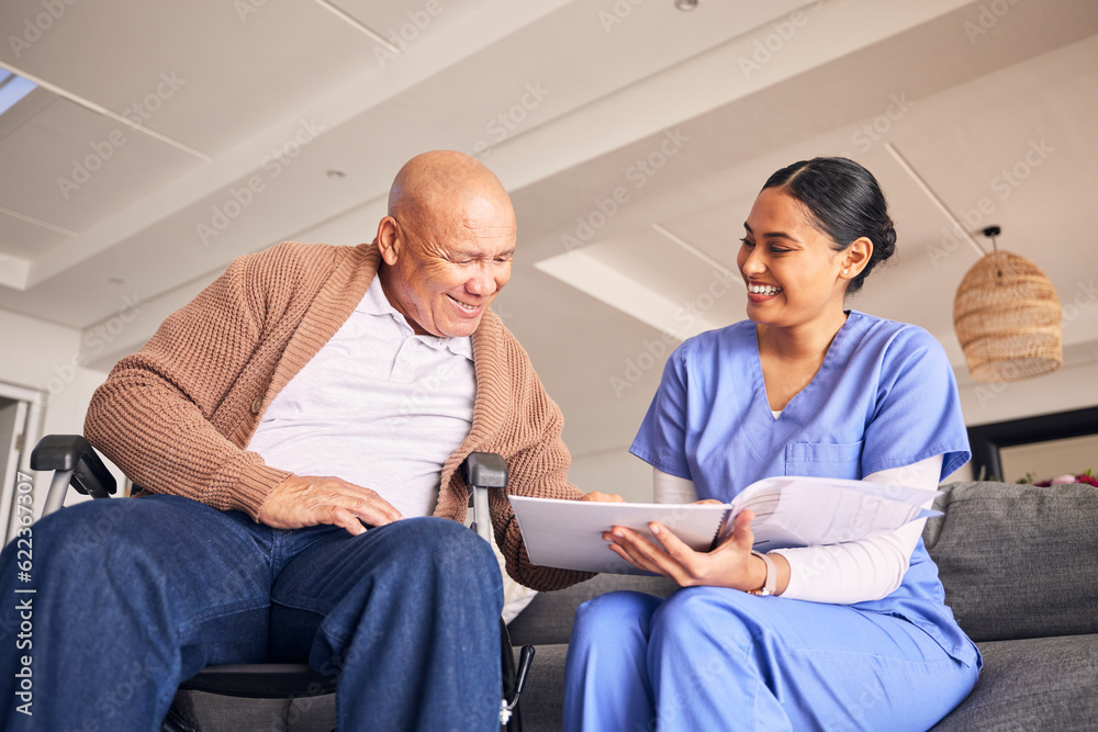 Old man, wheelchair or caregiver reading medical records, history or healthcare documents at nursing