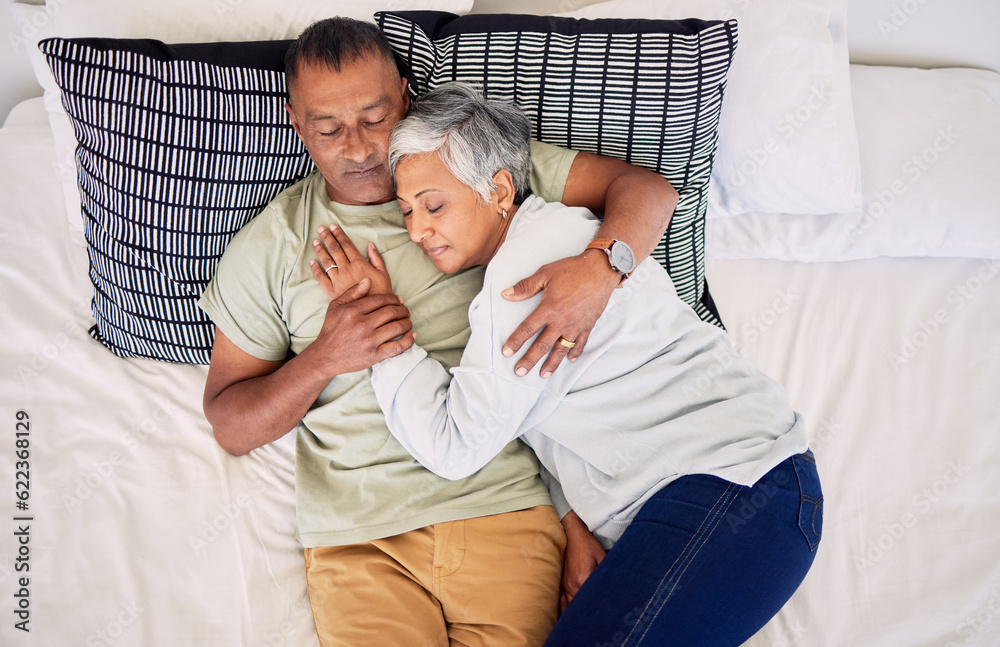 Top view, bed and senior couple hug, sleeping and marriage with peace, relationship and retirement. 