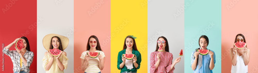 Collage of beautiful young woman with slices of fresh watermelon on color background