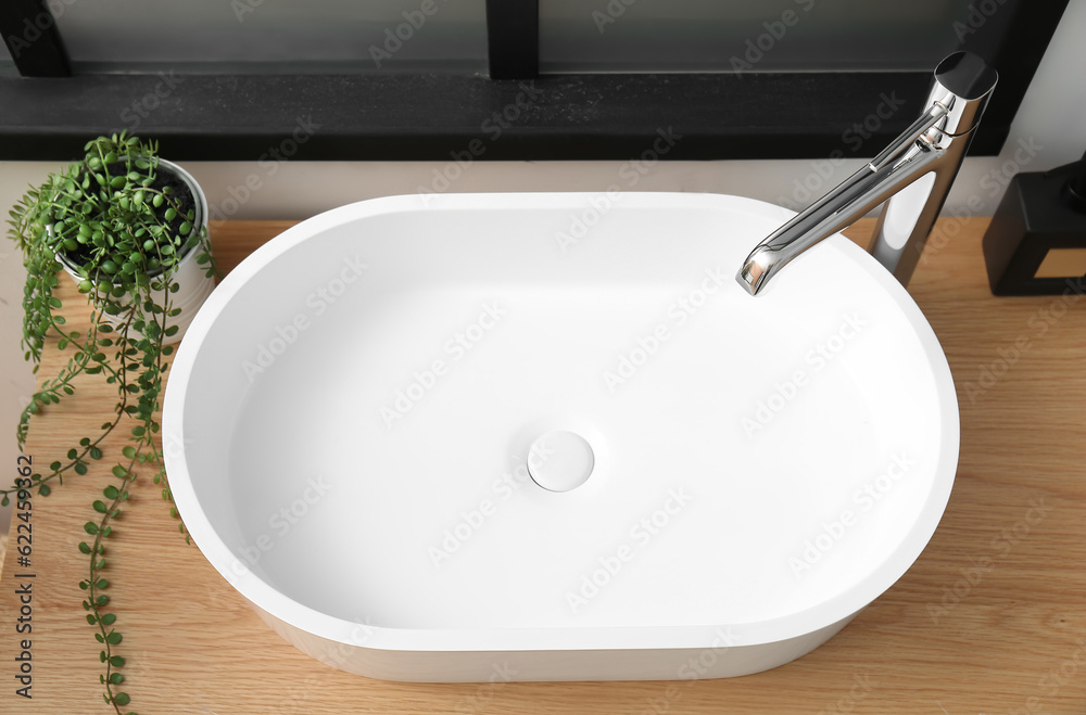 White sink and houseplant on table in bathroom