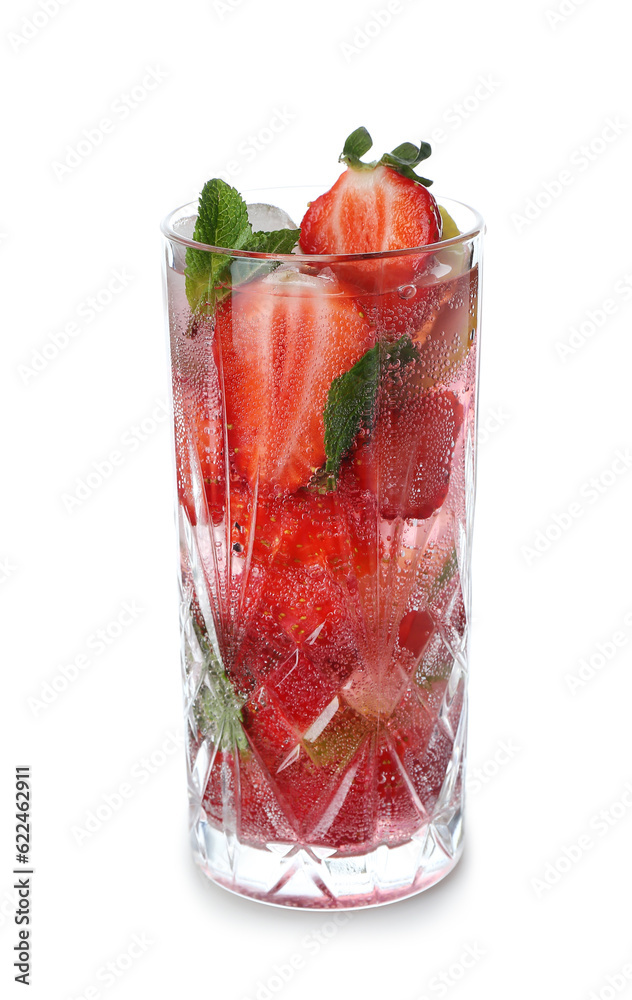 Glass of fresh strawberry mojito isolated on white background