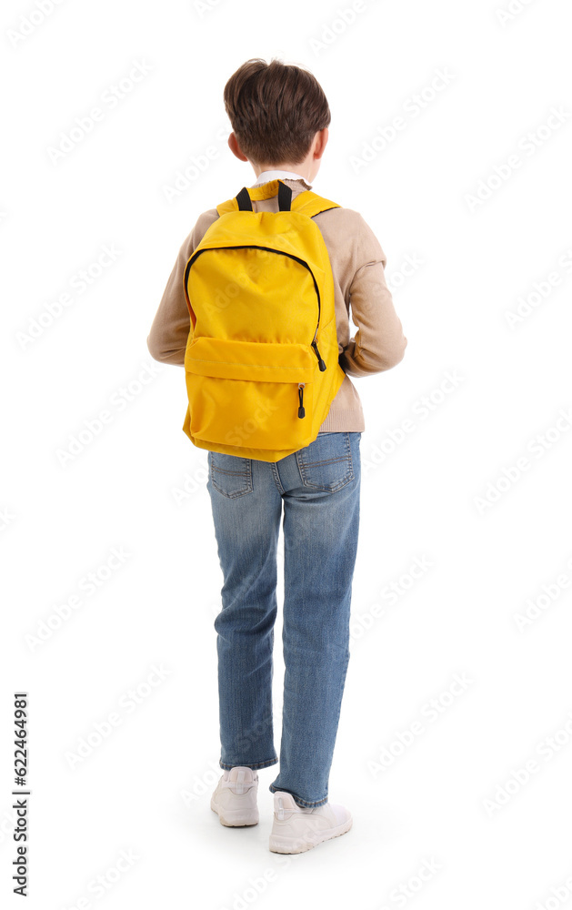 Little boy with schoolbag on white background, back view