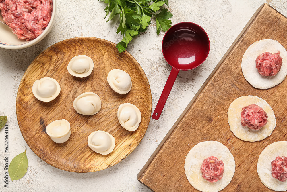 Plate with uncooked dumplings on light background