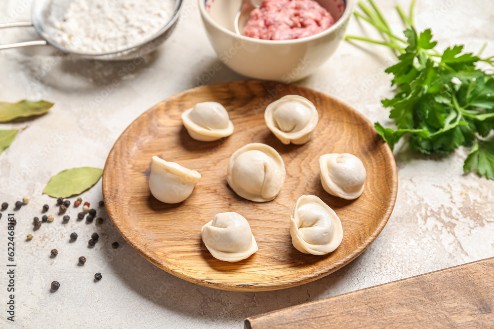 Plate with uncooked dumplings on light background