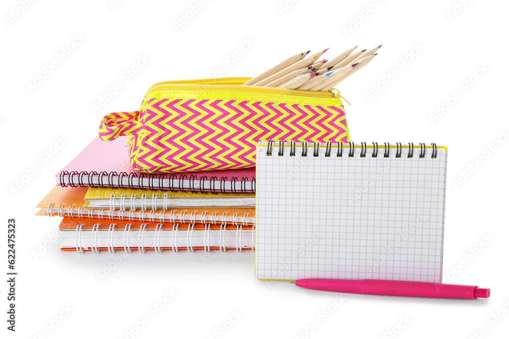 Blank notebook with different stationery isolated on white background