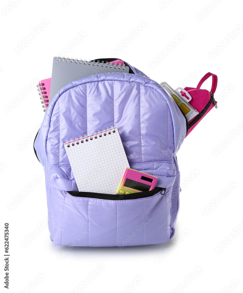 Backpack with blank notebook and different stationery isolated on white background