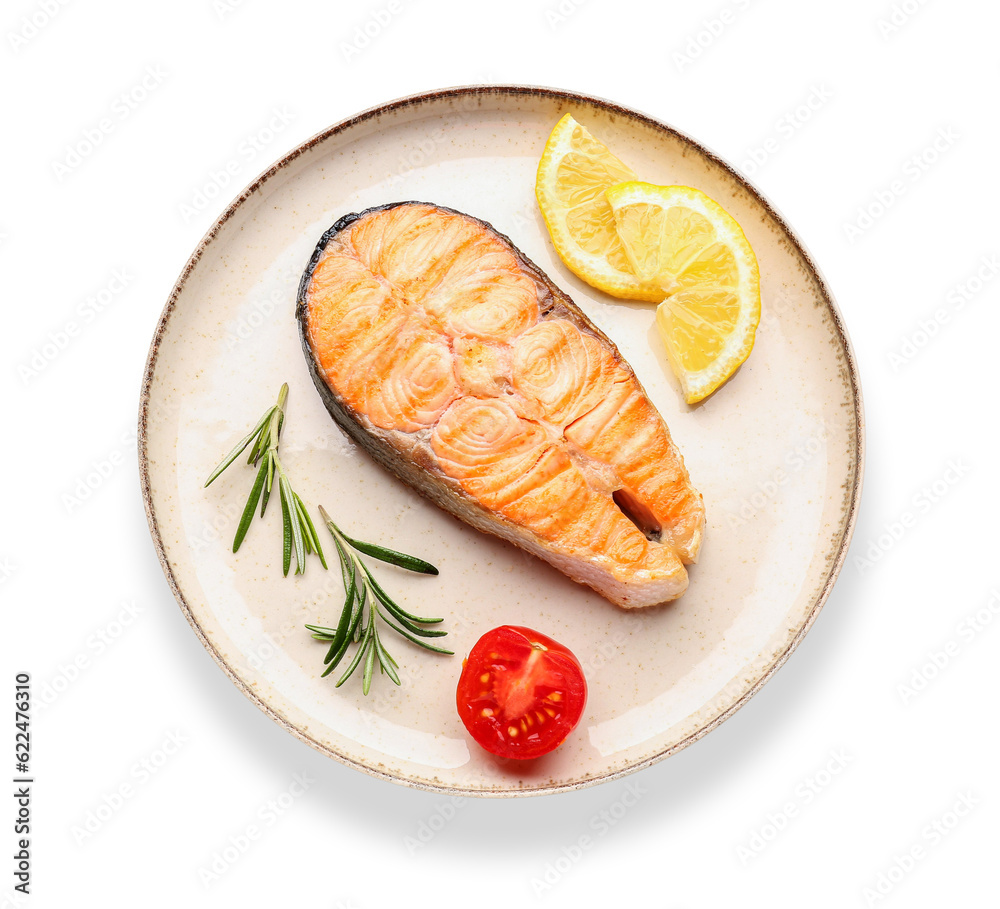 Plate with tasty grilled salmon steak on white background