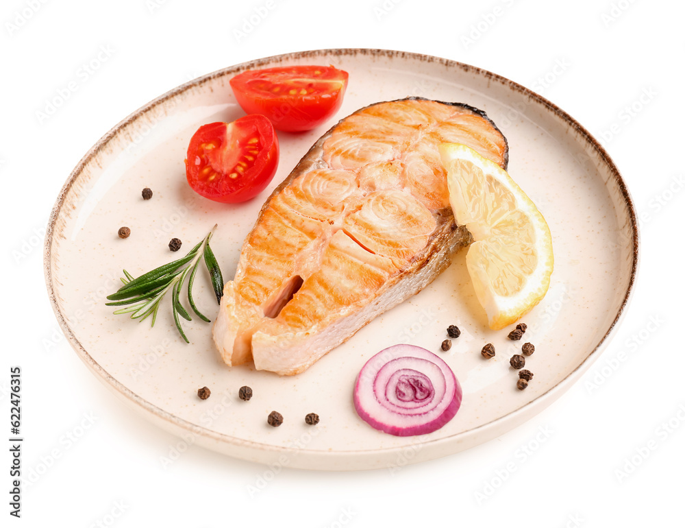 Plate with tasty grilled salmon steak on white background