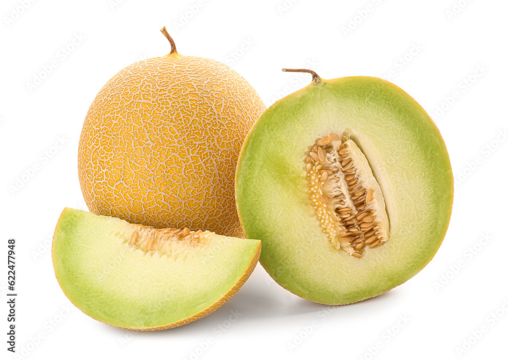 Half of sweet melon with piece on white background