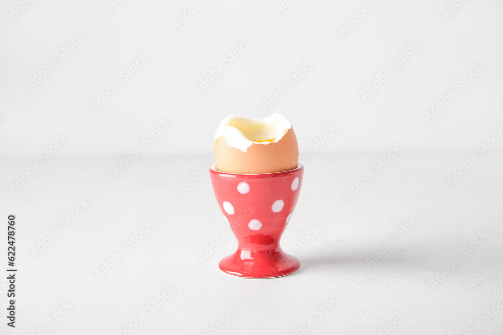 Holder with boiled chicken egg on white background