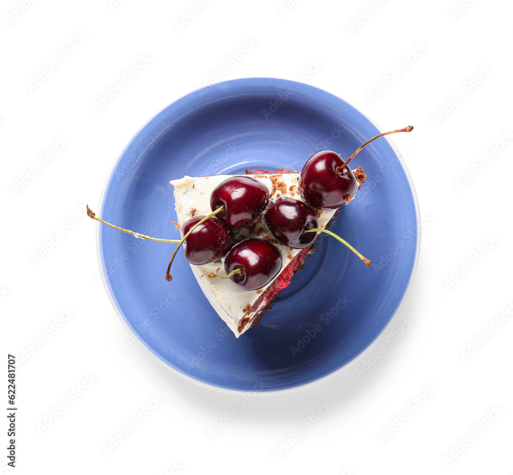 Plate with piece of tasty cherry cake isolated on white background