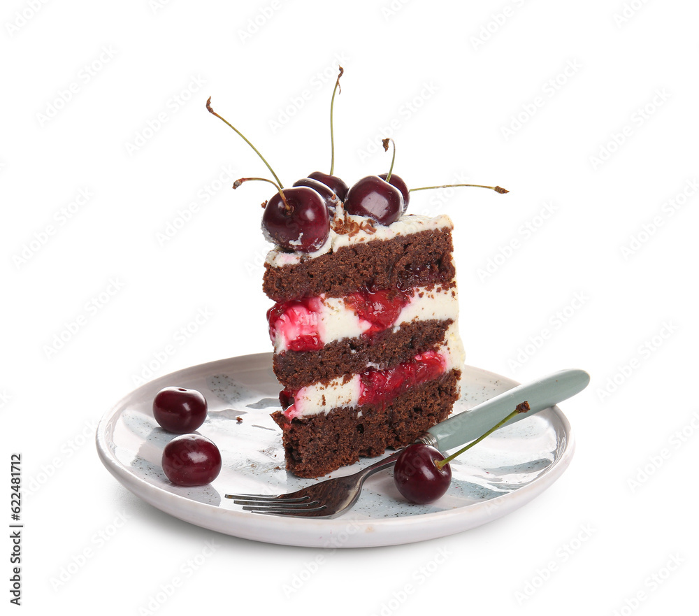 Plate with piece of tasty cherry cake isolated on white background