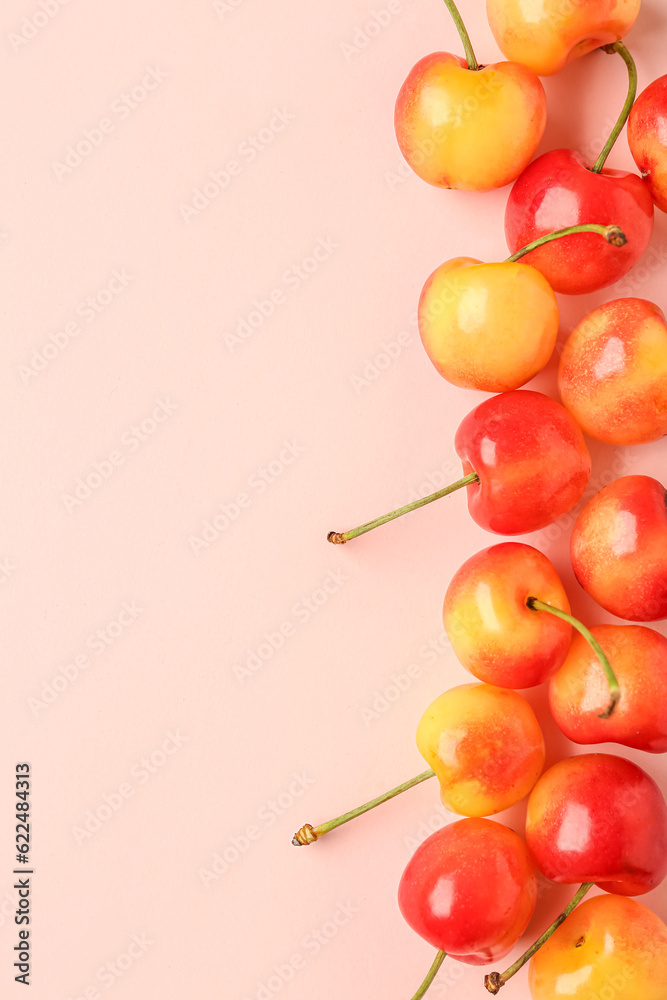 Many sweet yellow cherries on pink background