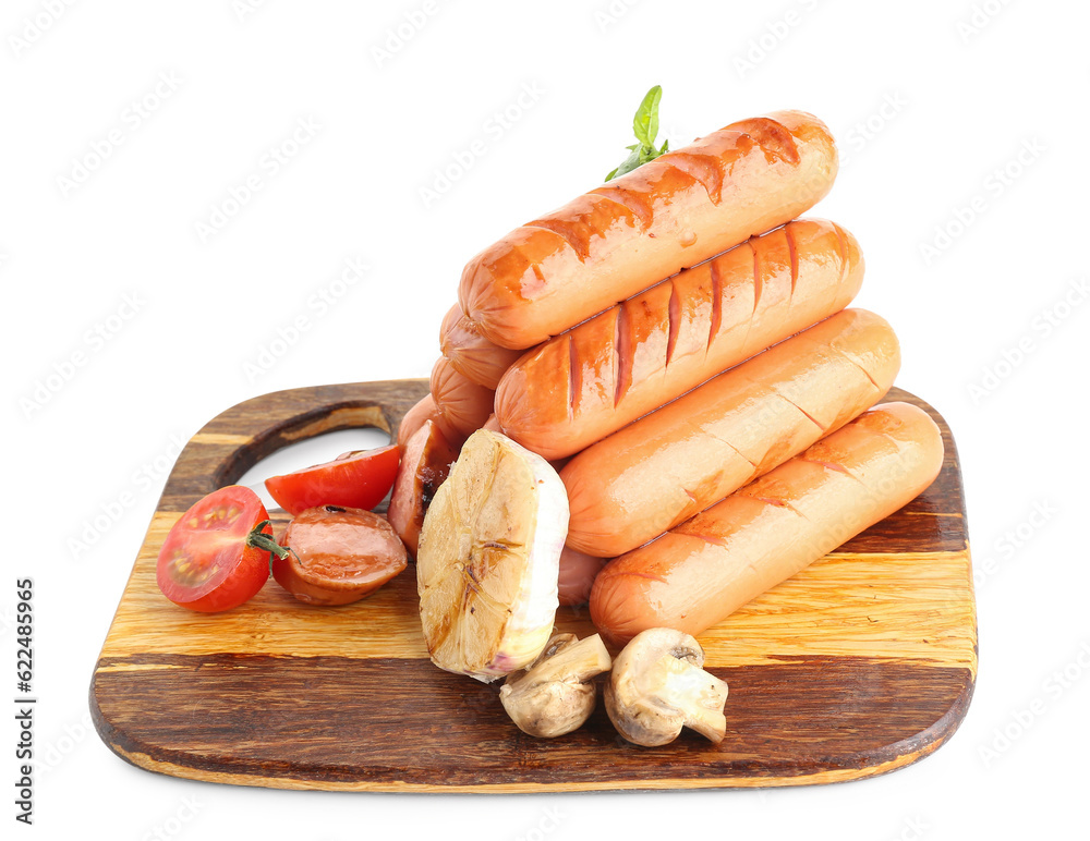 Wooden board with tasty grilled sausages isolated on white background