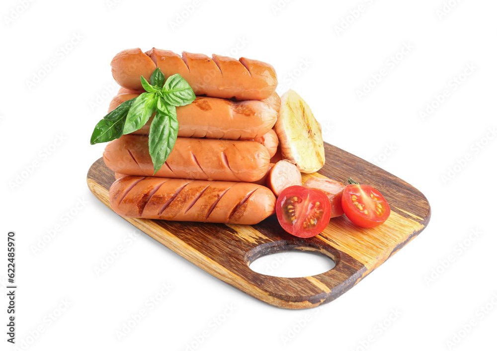 Wooden board with tasty grilled sausages isolated on white background