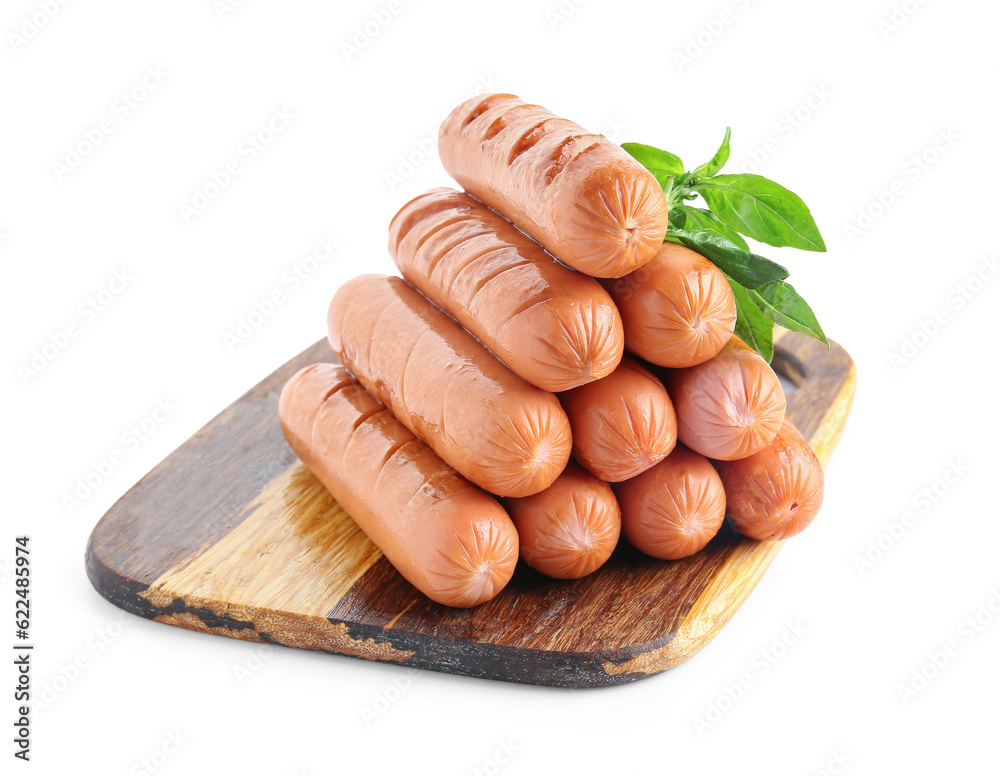 Wooden board with tasty grilled sausages isolated on white background