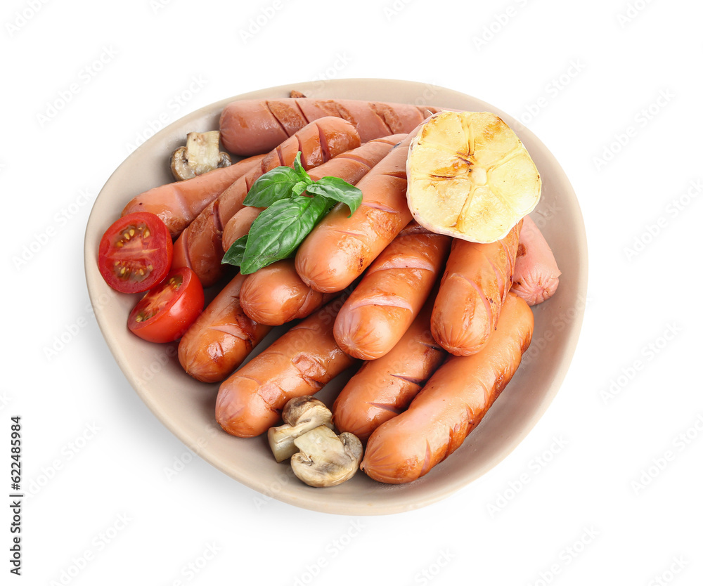 Plate with tasty grilled sausages isolated on white background