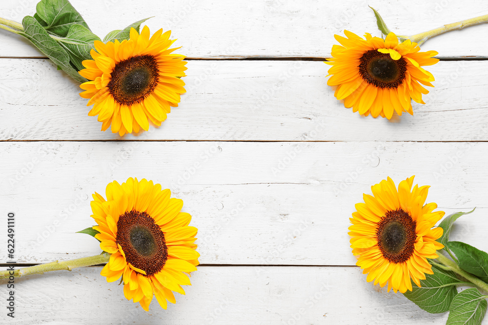 Beautiful sunflowers on white wooden background