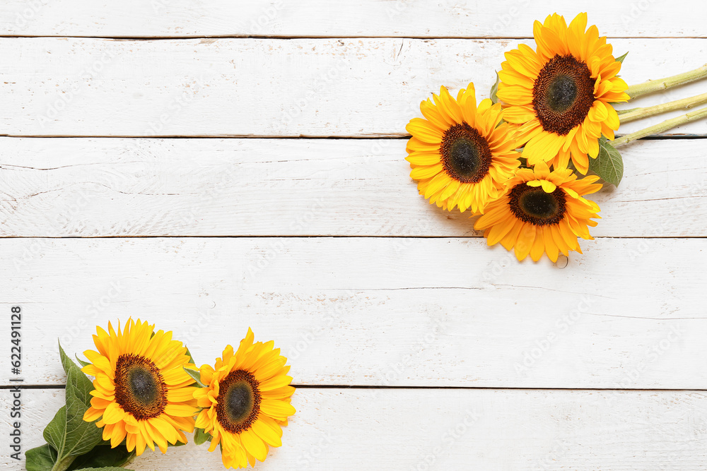 Beautiful sunflowers on white wooden background