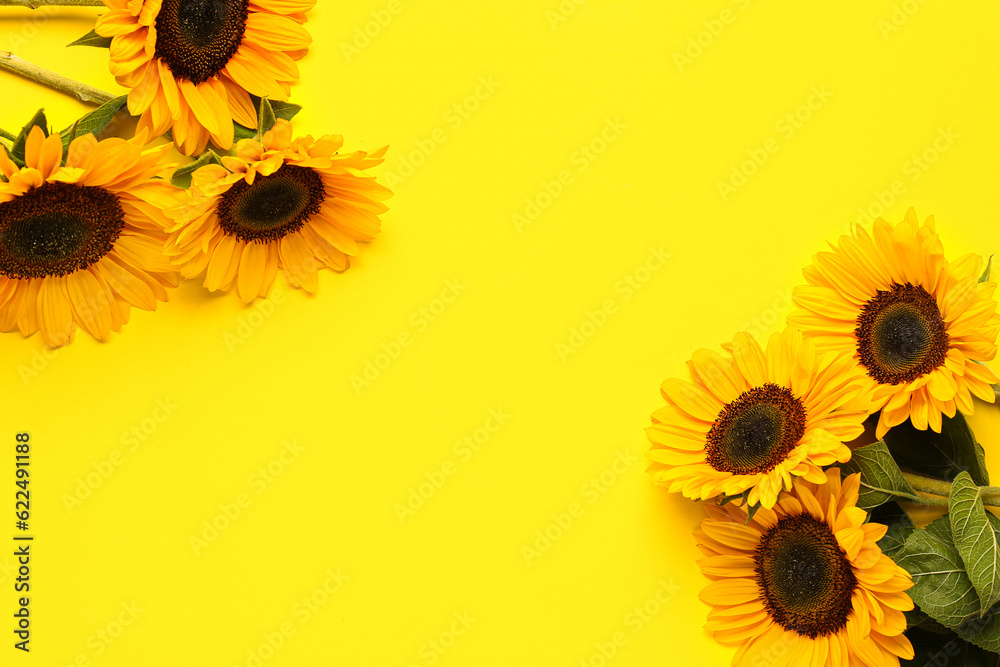 Beautiful sunflowers on yellow background