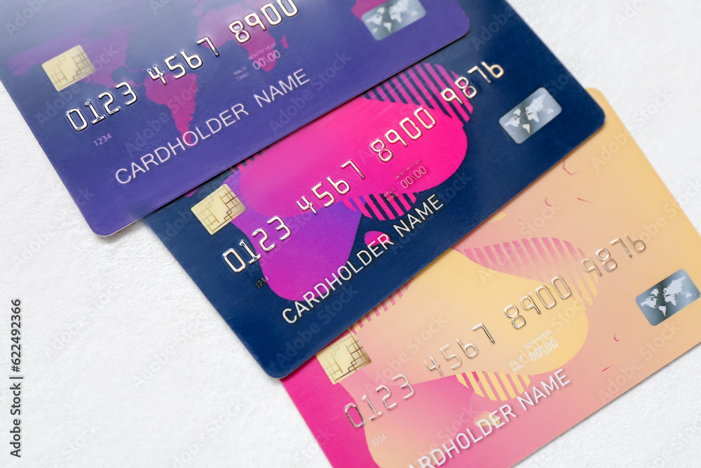 Many credit cards on white background