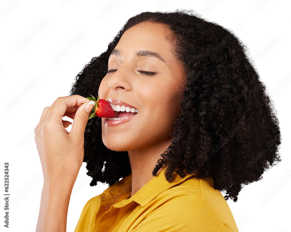 Fruit, eating strawberry and face of woman for natural nutrition, diet and healthy food on transpare