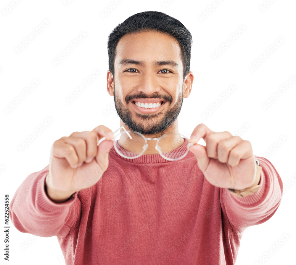 Man with glasses in hands, portrait and smile, vision and eye care with frame and prescription lens 