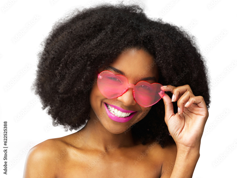 Portrait, fashion and heart glasses with a black woman isolated on a transparent background for tren